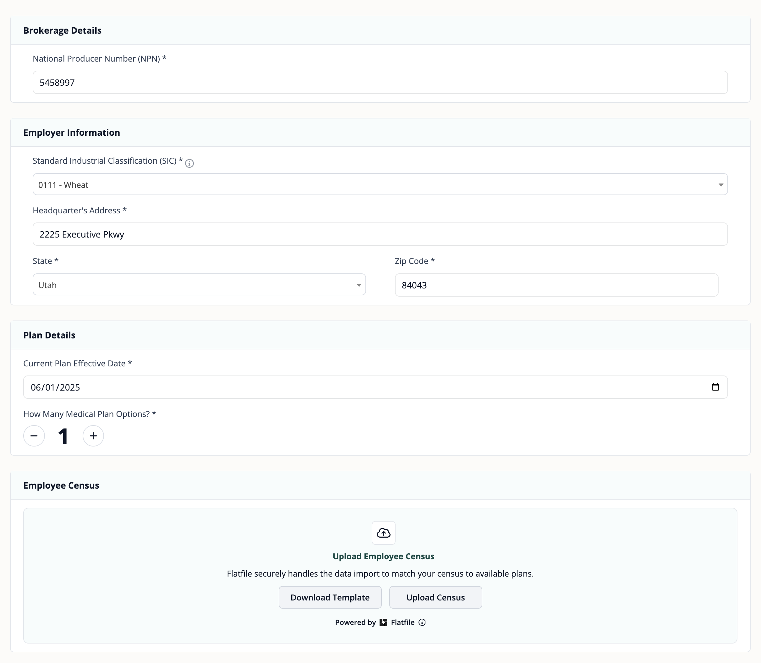 Community rated workflow showing Brokerage Details, Employer Information, Plan Details, and Employee Census upload